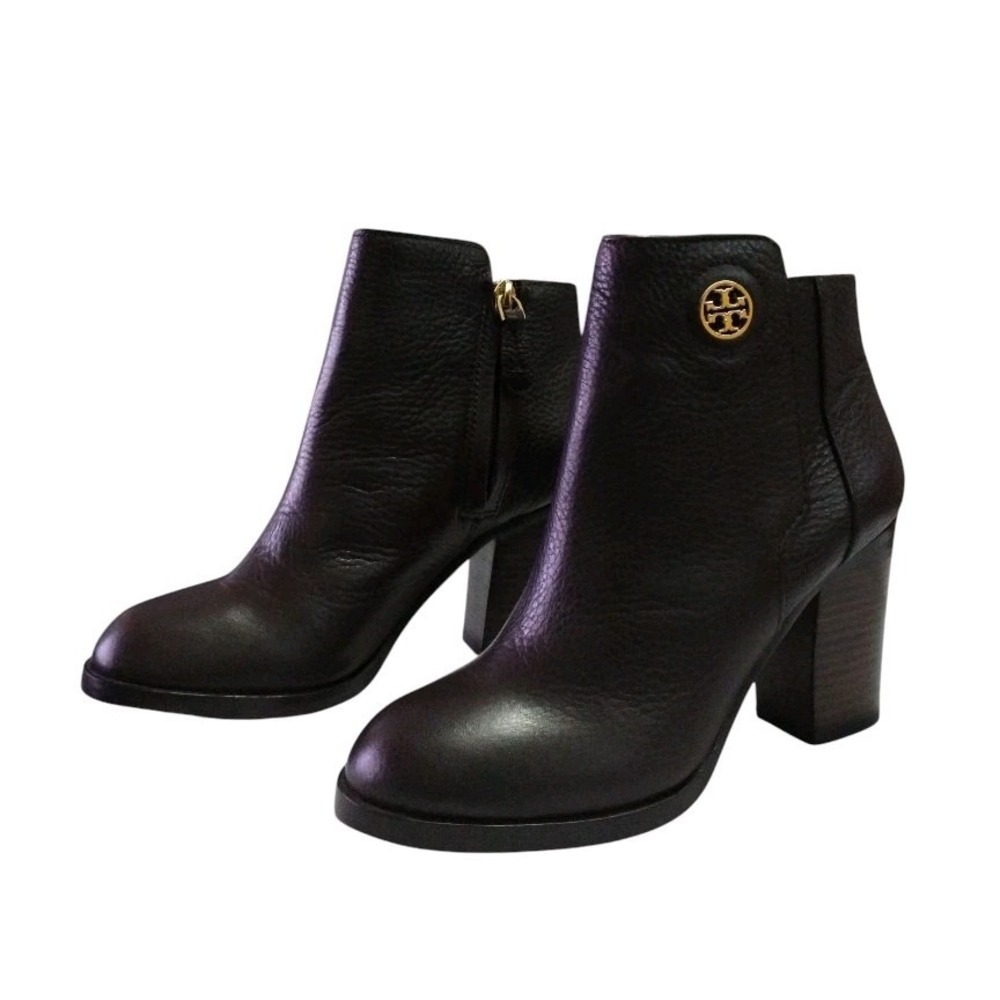 Tory Burch Junction Ankle Boots Womens 6.5 Leather‎ Block Heel Logo Zip Booties